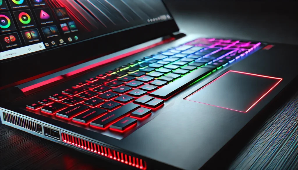 Close-up of a gaming laptop with RGB backlit keyboard.