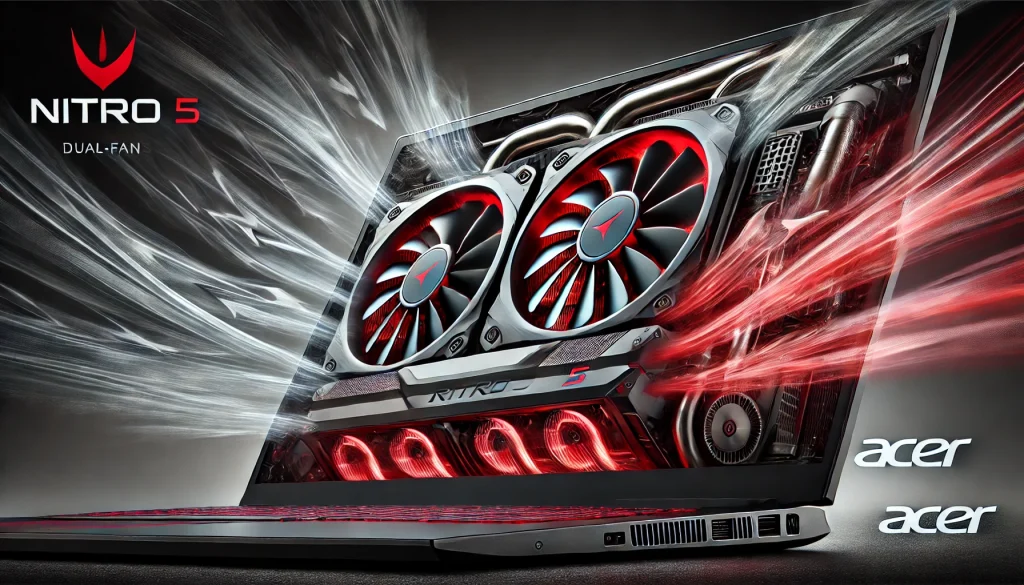  Acer Nitro 5 dual-fan cooling system shown in action during gameplay.