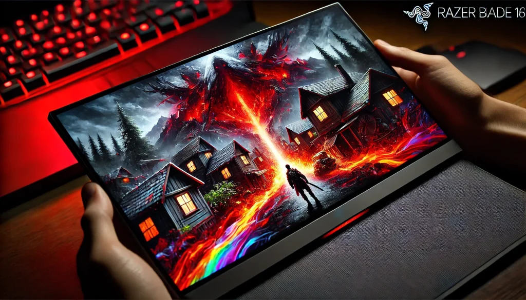 Close-up of the Razer Blade 16’s OLED display showing vibrant game visuals.