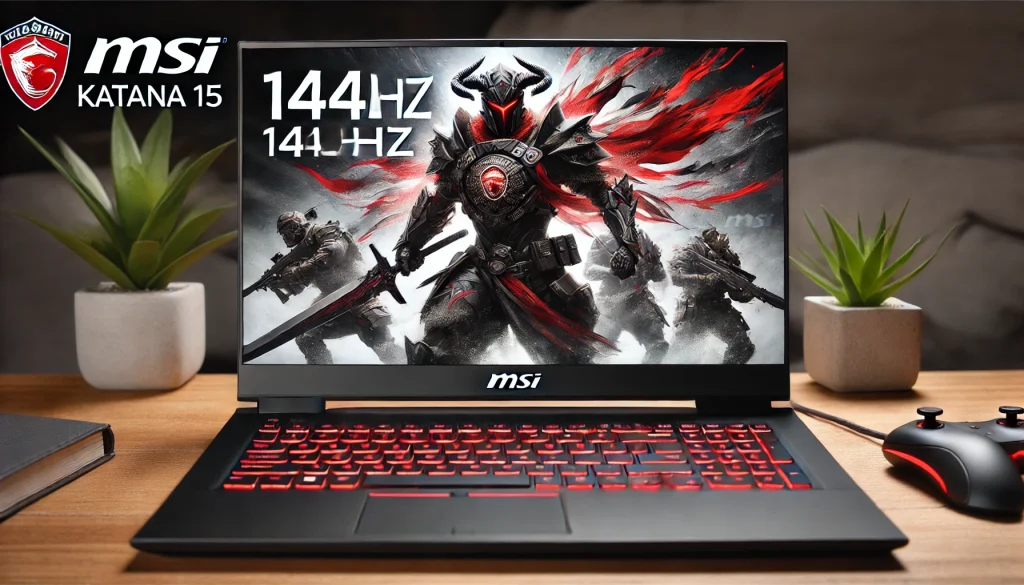 Close-up of MSI Katana 15 keyboard and display, emphasizing its 144Hz refresh rate.