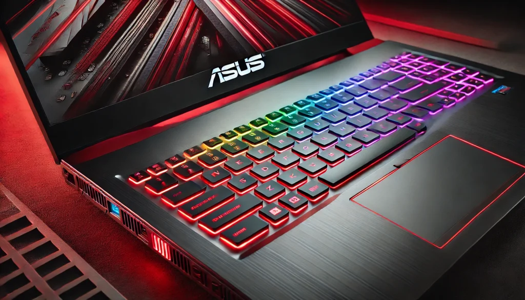 Close-up view of Asus gaming laptop with illuminated keyboard, showcasing premium design and RGB lighting.