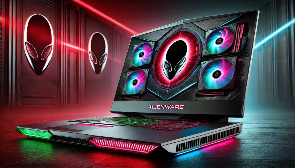 Close-up of Alienware’s futuristic laptop design, featuring RGB lighting and premium cooling systems.