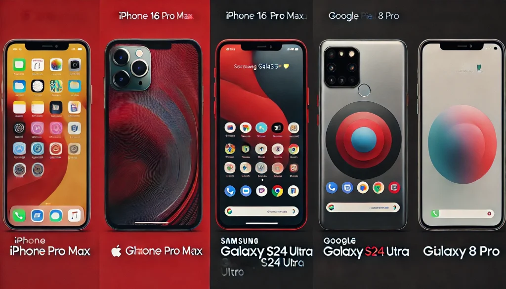 Collage photo of iPhone 16 Pro Max, Samsung Galaxy S24 Ultra and Google Pixel 8 Pro