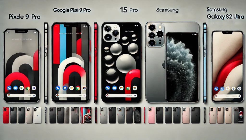 Collage Photo of Google Pixel 9 Pro, iPhone 15 Pro and Samsung Galaxy S23 Ultra