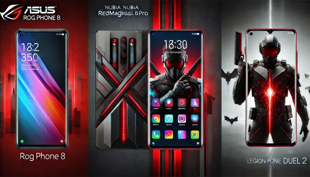 Collage photos of ASUS ROG Phone 8, Nubia RedMagic 8 Pro and the Lenovo Legion Phone Duel 2. 