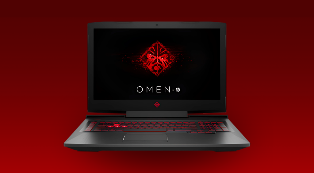 HP OMEN 17 open on a desk, highlighting its large 17.3-inch display and sleek design.