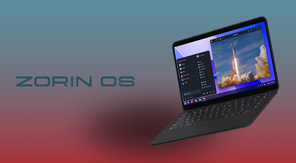 A modern Zorin OS desktop with blue highlights and docked icons.