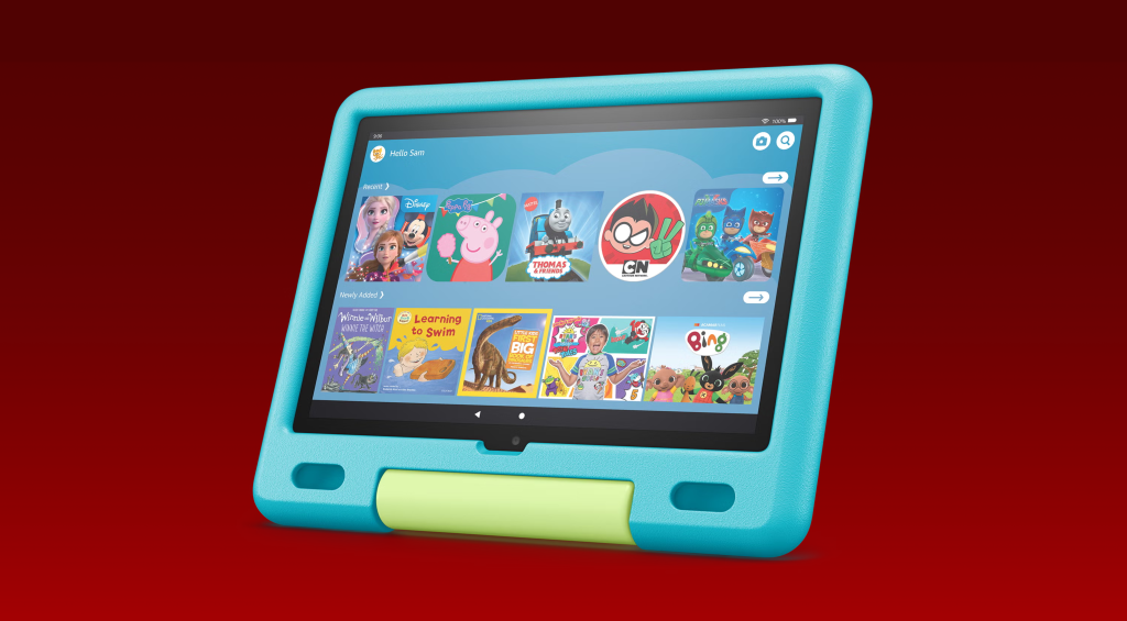 Amazon Fire HD 10 Kids tablet with durable case, parental controls, and kid-friendly educational apps and features.