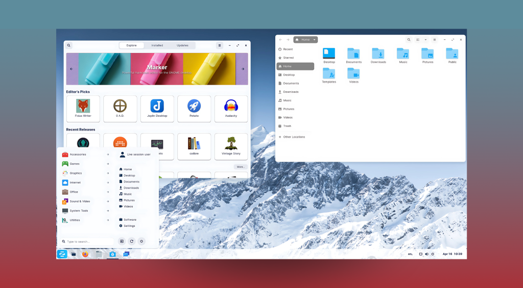 Zorin OS interface displaying seamless multitasking with vibrant application windows.