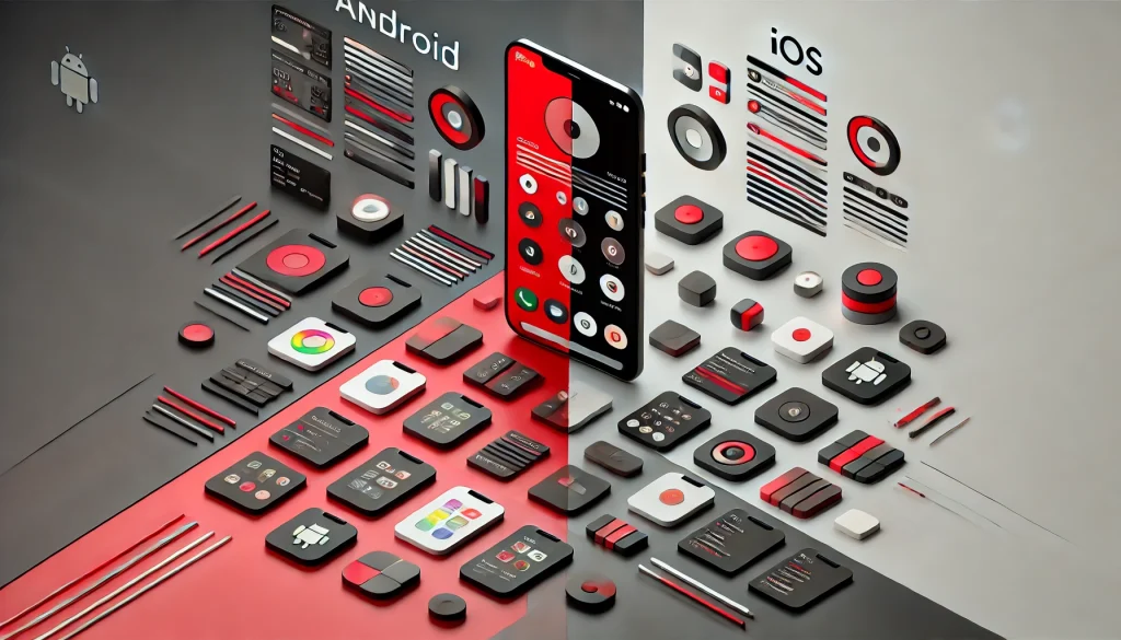 A split-screen comparison showing Android and iOS smartphones, highlighting key features and user interface differences.