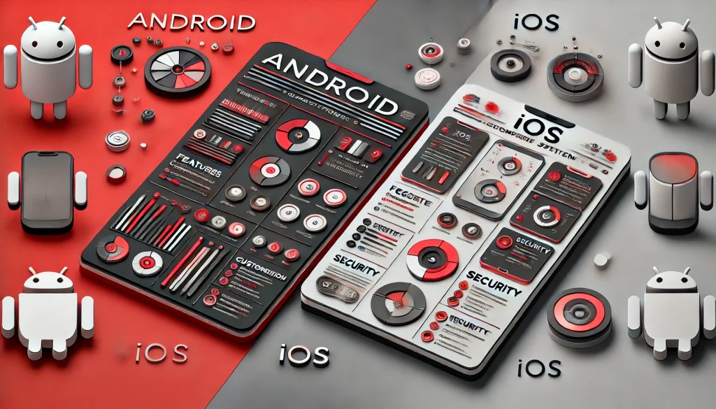 Illustrated infographic comparing Android and iOS operating systems, focusing on features, customization, and security aspects.