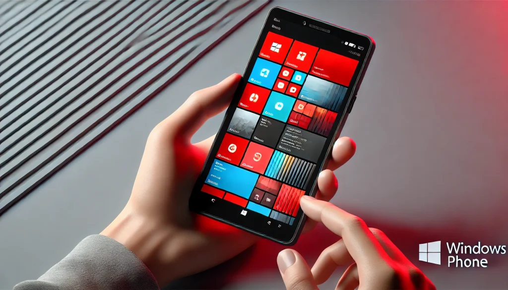 Hands holding a Windows Phone, focusing on app layout and interactive live tile design.