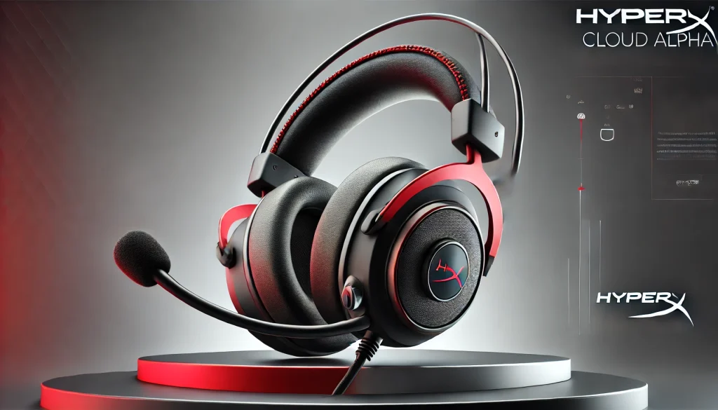  Close-up of HyperX Cloud Alpha headset, showcasing premium build, comfortable ear cushions, and detachable mic.