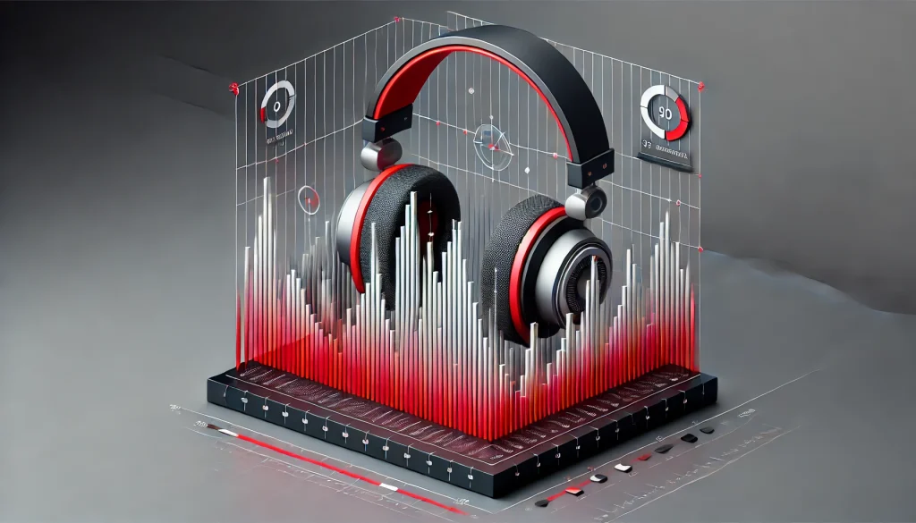 Spectrum analyzer display measuring headphone audio quality, highlighting sound precision across different frequency ranges.