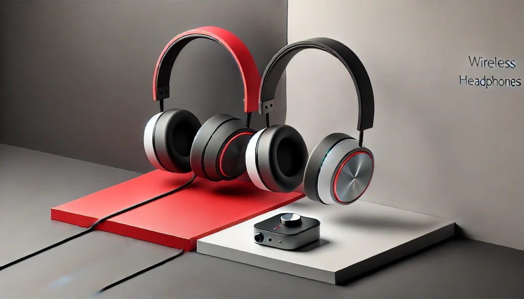  Close-up comparison of sleek wired and wireless headphones placed side-by-side on a minimalist desk setup.