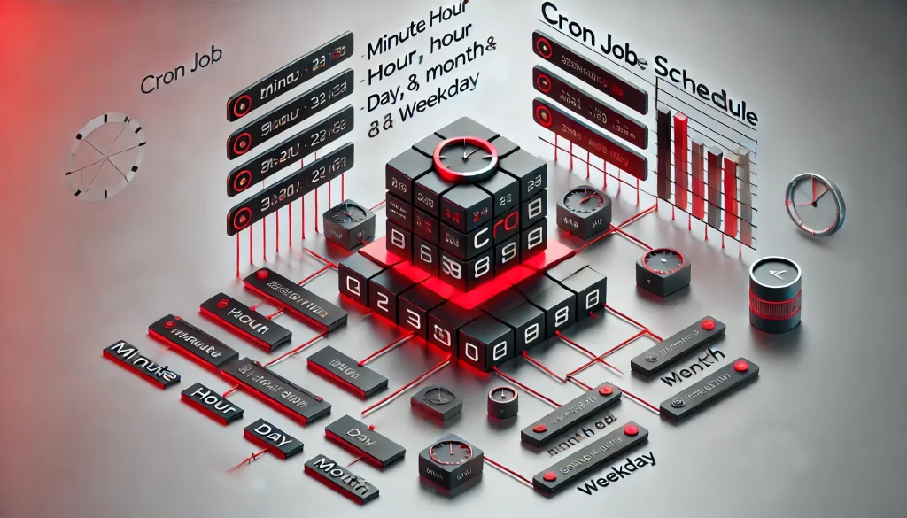 Illustration of a Cron job schedule setup, detailing timing syntax and task automation on Linux.