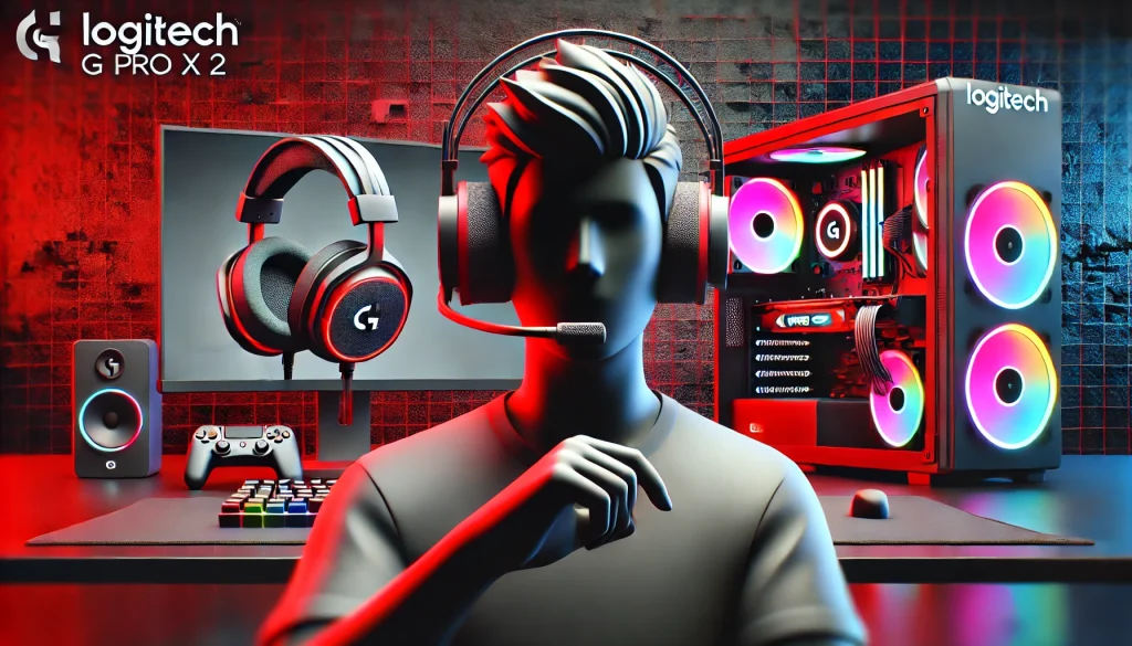 Gamer using Logitech G Pro X 2 headset with vibrant PC setup and RGB-lit background.