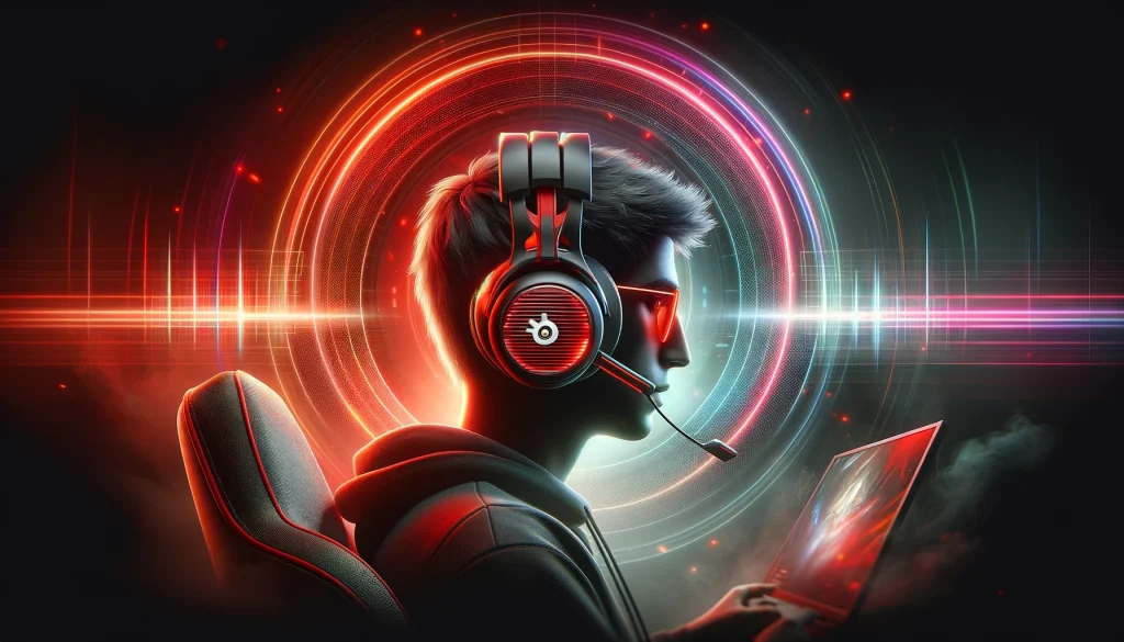 Gamer wearing SteelSeries Arctis Nova Pro Wireless headset, immersed in gameplay, with intense background lighting.