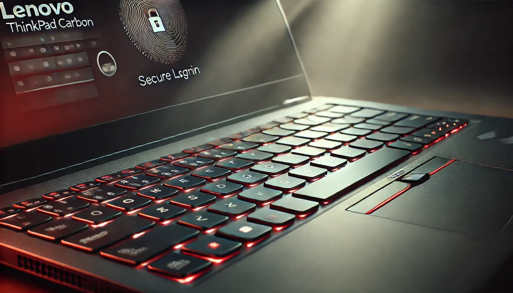 Close-up of the ThinkPad X1 Carbon’s backlit keyboard with highlighted security features.