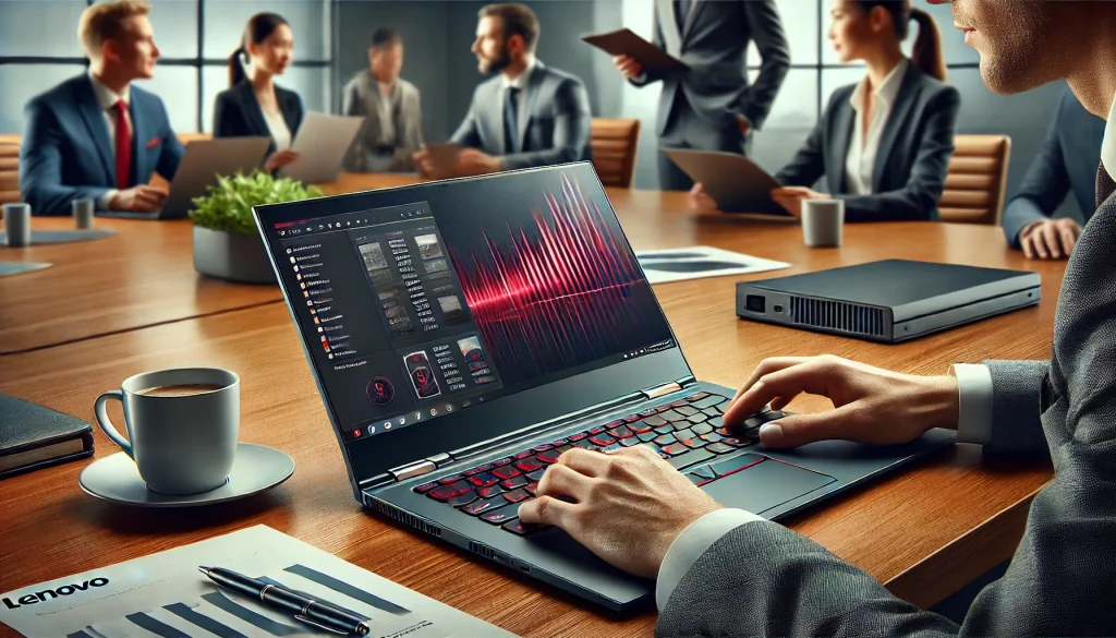 User working on Lenovo ThinkPad X1 Carbon during a business meeting.