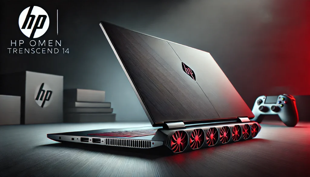 Side view of HP OMEN Transcend 14, showing its compact design and cooling vents.