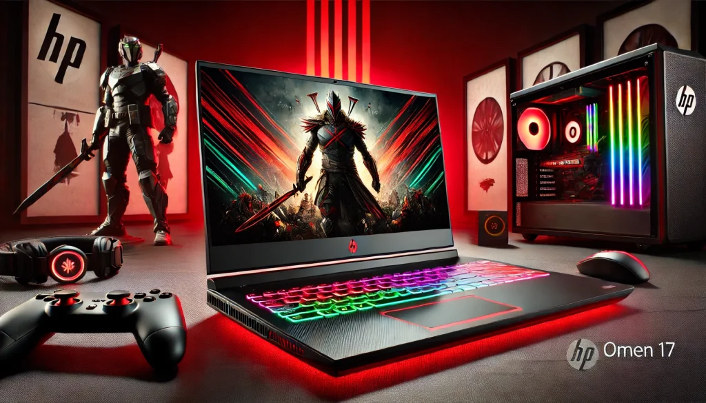 HP OMEN 17 gaming laptop with large display and RGB-backlit keyboard.