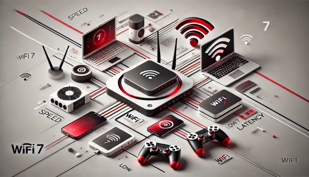 Illustration of smart devices connected to WiFi 7 network, emphasizing enhanced speed and low latency.