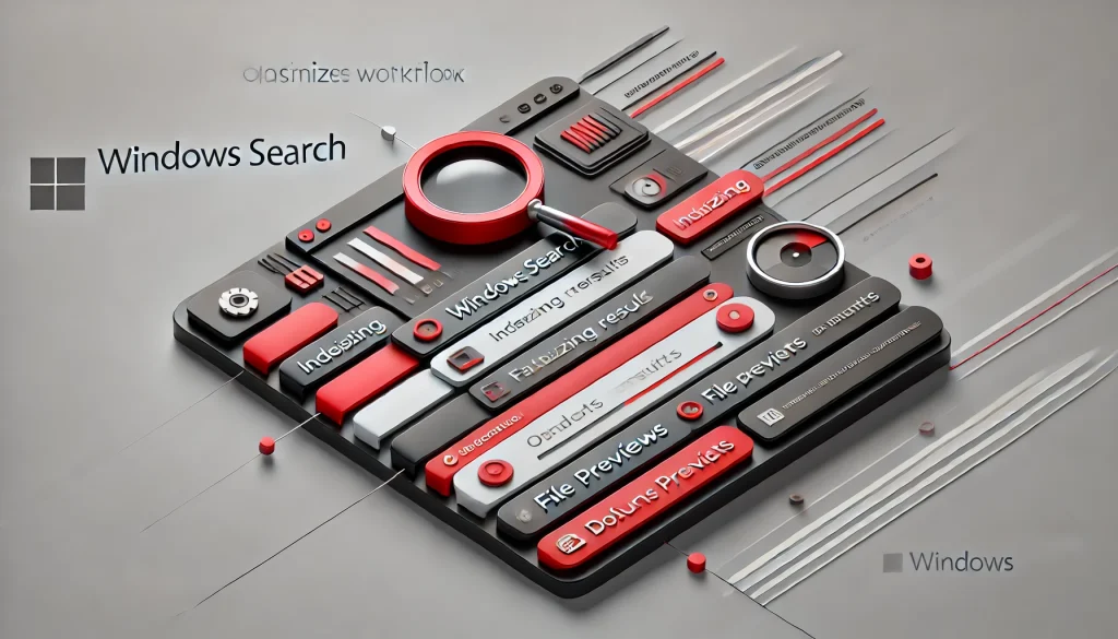 Illustration of Windows Search optimizing workflow, highlighting search features like indexing and file previews.