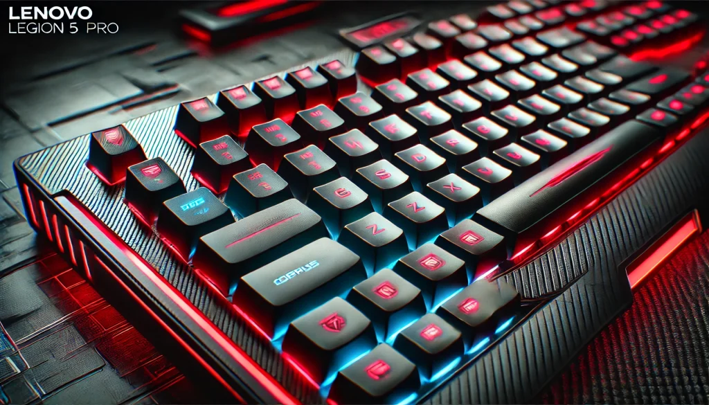 Lenovo Legion 5 Pro keyboard with RGB lighting, suited for gaming precision.