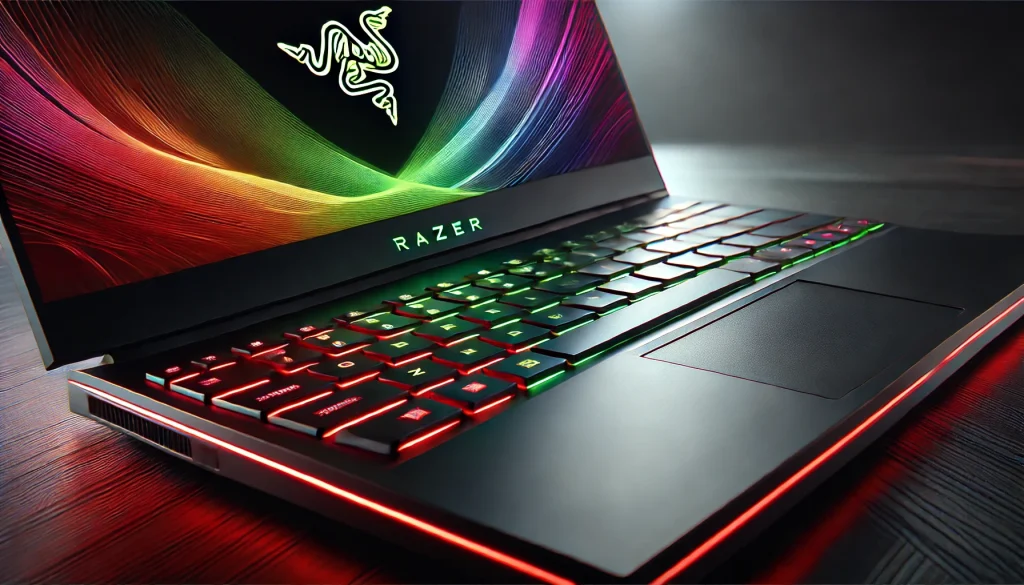  Close-up of a Razer gaming laptop with vibrant RGB lighting and minimalist design.