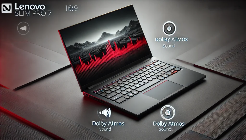 Lenovo Slim Pro 7 with keyboard and Dolby Atmos speakers highlighted.