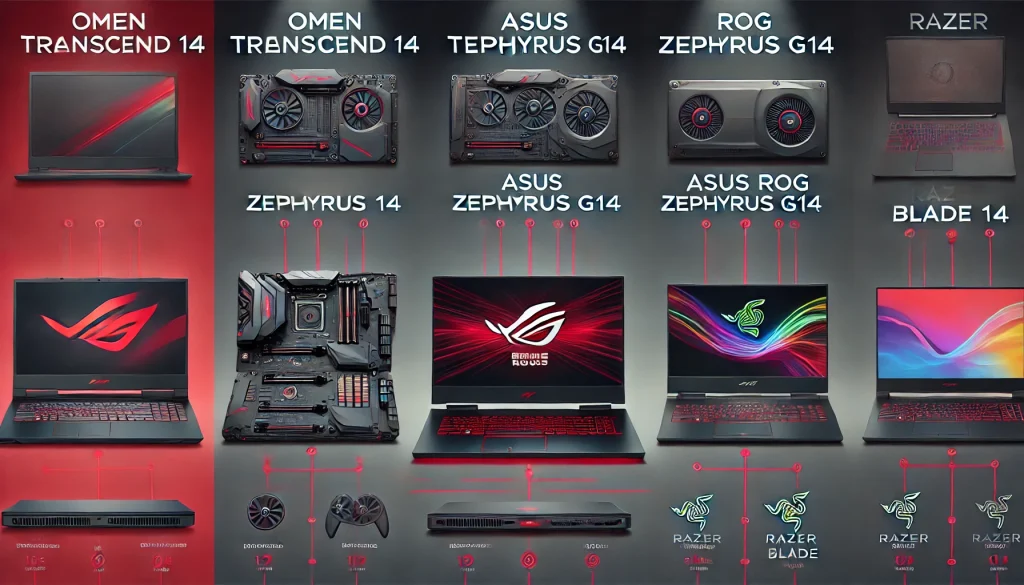 Side-by-side view of OMEN Transcend 14, ASUS ROG Zephyrus G14, and Razer Blade 14 for comparison.