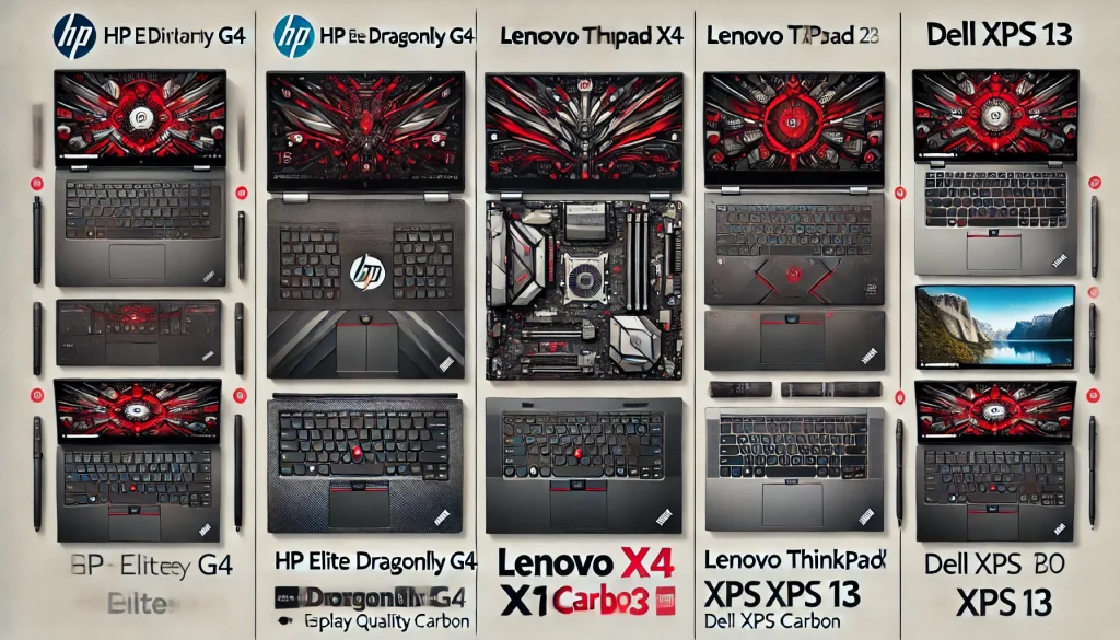 Side-by-side view of HP Elite Dragonfly G4, Lenovo ThinkPad X1 Carbon, and Dell XPS 13 for comparison.