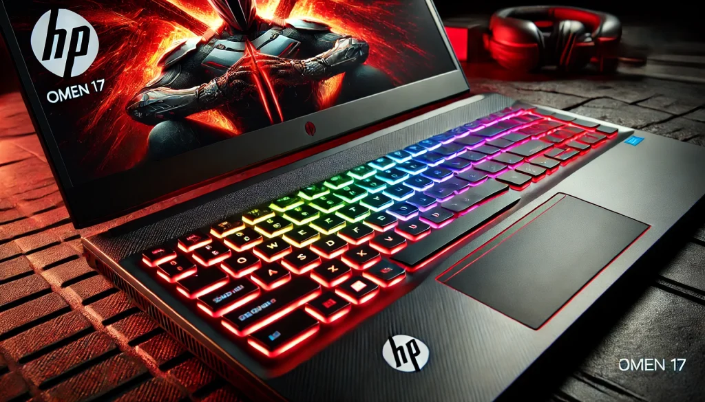 Close-up of HP OMEN 17’s RGB keyboard, showing customizable lighting options.