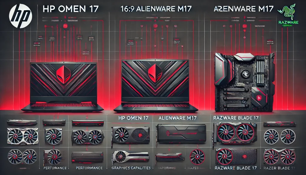 Side-by-side comparison of HP OMEN 17, Alienware m17, and Razer Blade 17.