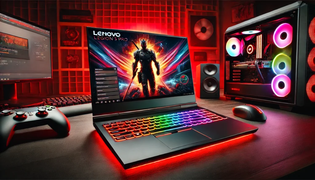 Legion 5 Pro on a desk, with gaming setup and LED lighting.