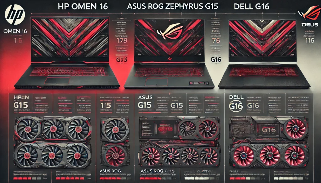 Side-by-side view of HP OMEN 16, ASUS ROG Zephyrus G15, and Dell G16 for comparison.