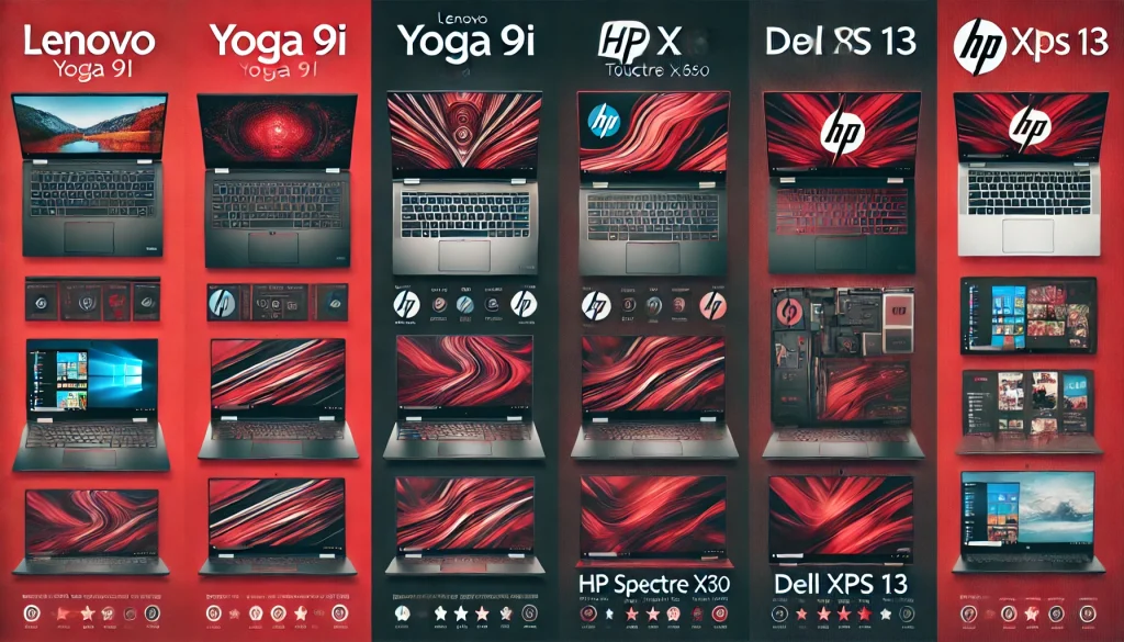 Side-by-side view of Lenovo Yoga 9i, HP Spectre x360, and Dell XPS 13 for comparison.