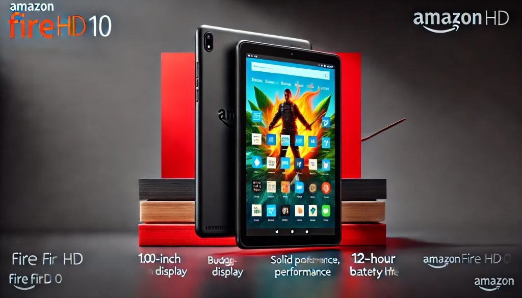 Amazon Fire HD 10 with 10.1-inch display, budget-friendly price, solid performance, and 12-hour battery life.