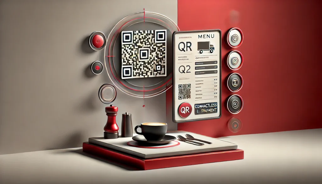 A cafe table with a menu displaying a QR code for contactless ordering and payment.