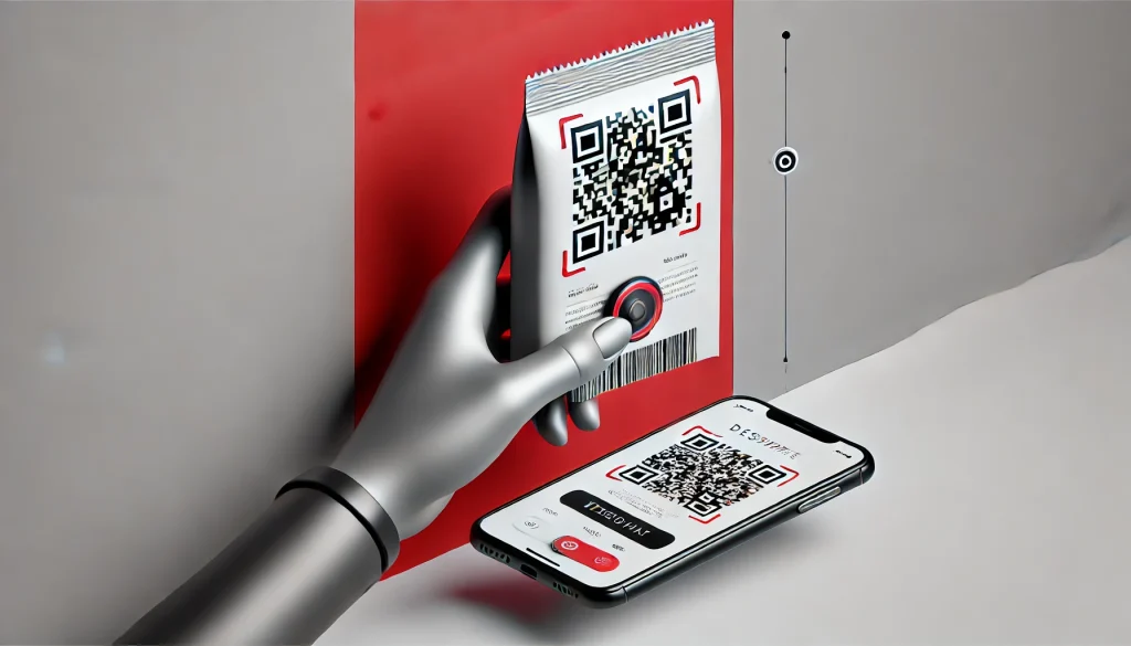 A close-up of a hand holding a smartphone scanning a QR code on packaging.