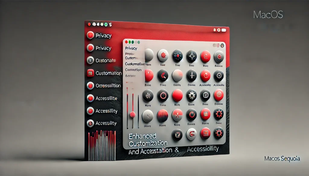 The macOS Sequoia settings menu highlighting enhanced privacy, customization, and accessibility options for users.