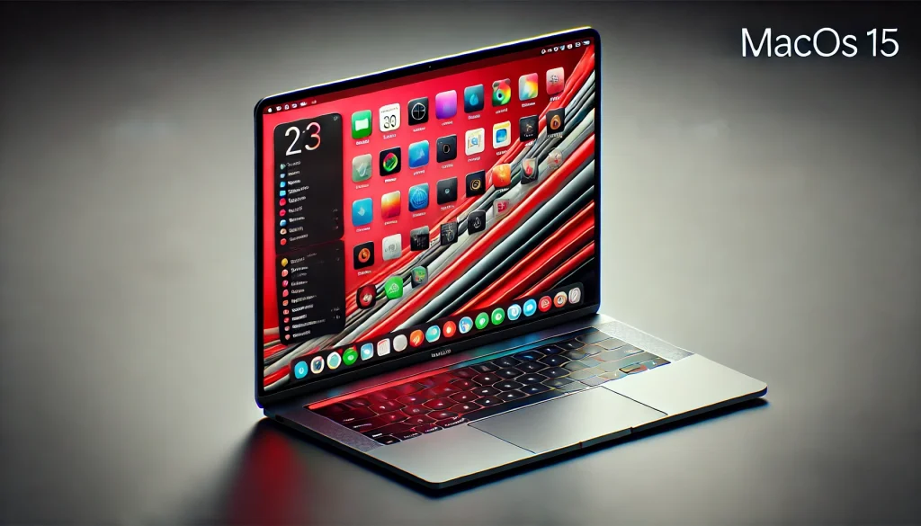  A MacBook screen displaying macOS 15 redesigned interface with vibrant icons and streamlined navigation.