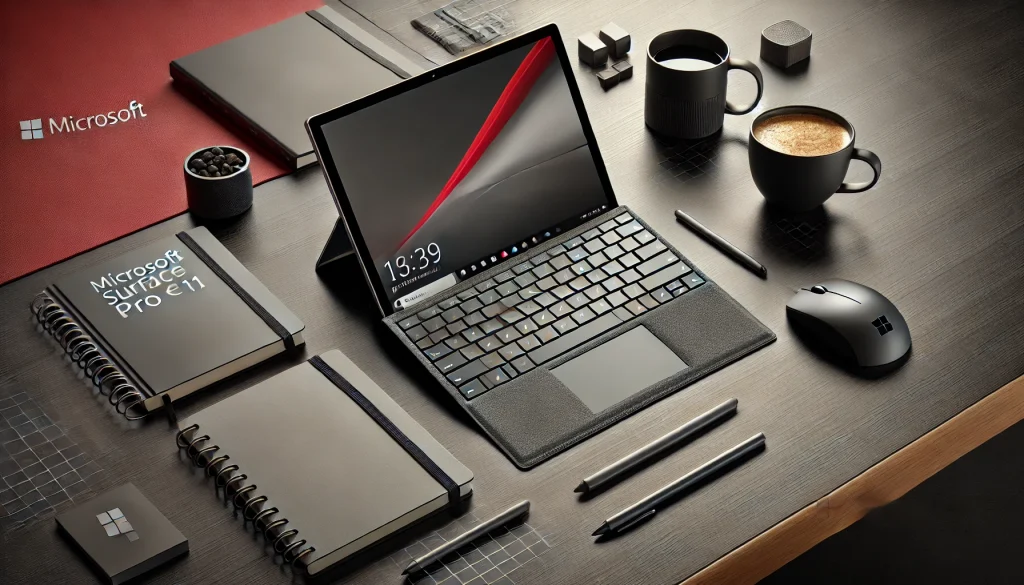 Microsoft Surface Pro 11 on a desk setup, showcasing its compact, versatile design.