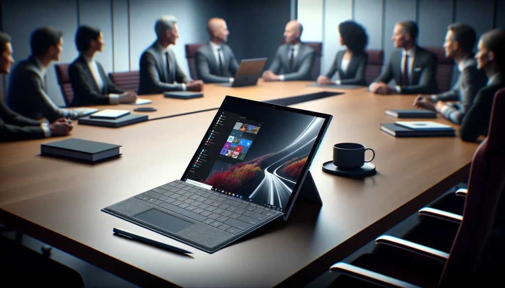 Surface Pro 11 in a meeting setting, illustrating its portability and flexibility for work.