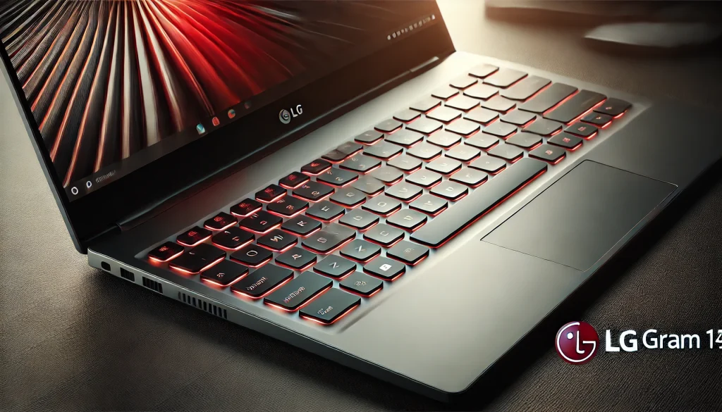 Close-up of LG Gram 14 keyboard, showcasing backlit keys and compact layout.