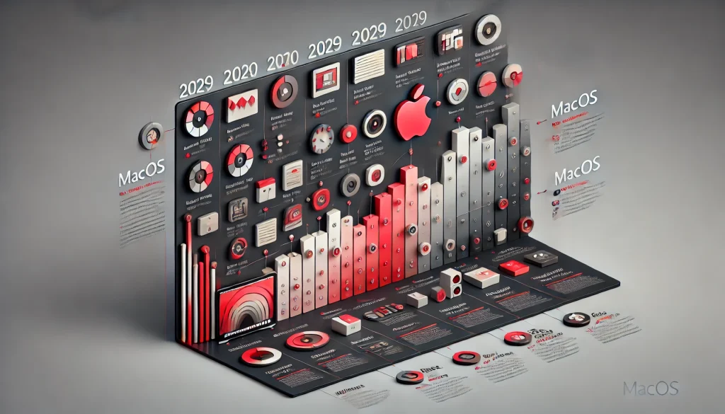 macOS version history chart showcasing major features, release dates, and notable changes for each update.