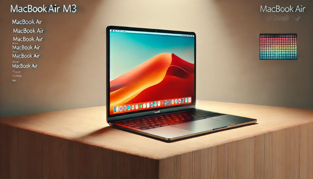 A sleek MacBook Air M3 on a wooden desk, displaying a bright Retina screen.