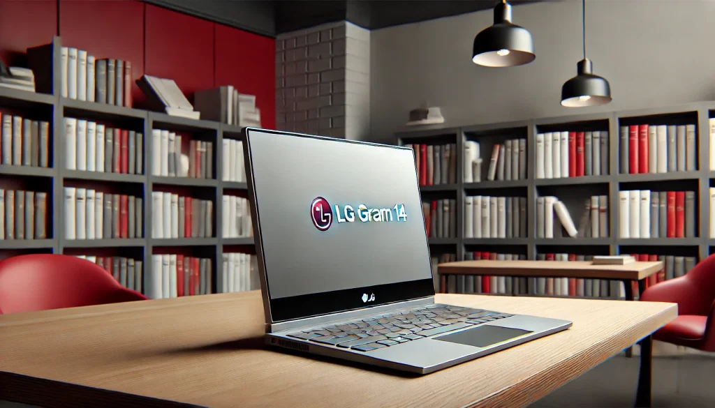 LG Gram 14 in a library setting, emphasizing its ultra-lightweight design.