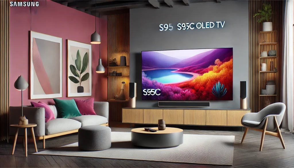 Samsung S95C OLED TV displaying vibrant colors in a modern living room.